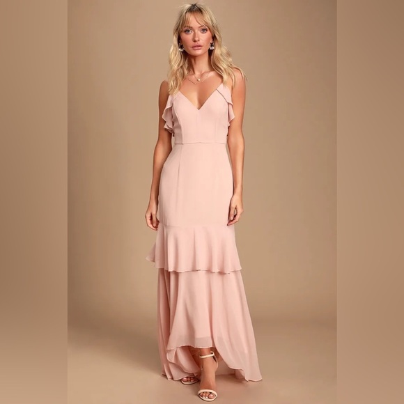 LULUS Cherish the Moment Blush Ruffled High-Low Maxi Dress Sz M - Picture 1 of 10